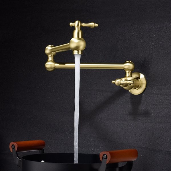 Flynama 2-Handle Brushed Gold Wall-Mount Pot Filler Kitchen Faucet