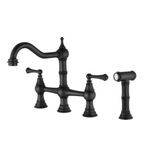 Flynama 2-Handle Matte Black Bridge Deck-Mount Kitchen Sink Faucet with Side Sprayer