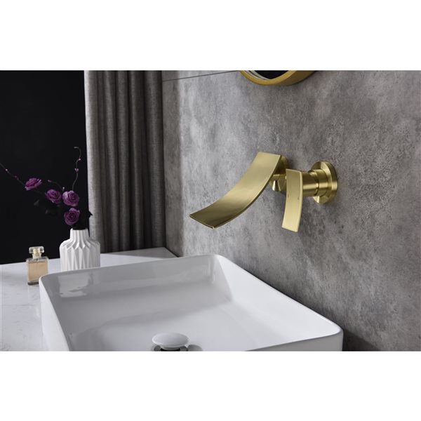 Flynama Brushed Gold Single Handle Wall Mounted Bathroom Faucet with Waterfall