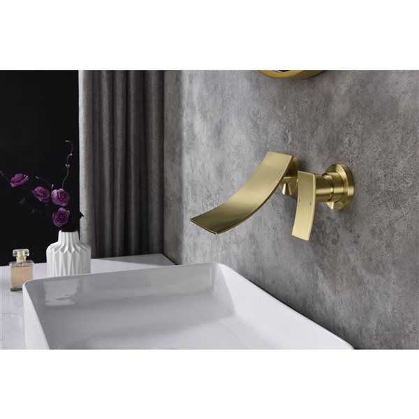 Flynama Brushed Gold Single Handle Wall Mounted Bathroom Faucet with Waterfall