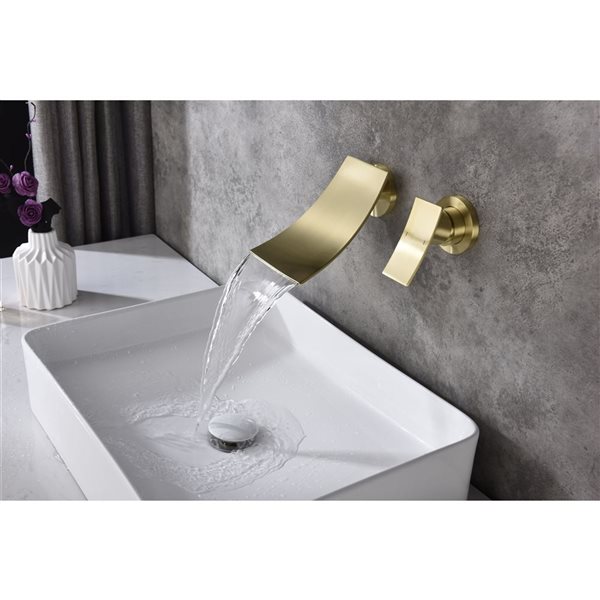 Flynama Brushed Gold Single Handle Wall Mounted Bathroom Faucet with Waterfall