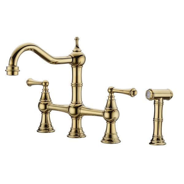 Flynama 2-Handle Brushed Gold Bridge Deck-Mount Kitchen Sink Faucet with Side Sprayer