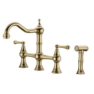 Flynama 2-Handle Brushed Gold Bridge Deck-Mount Kitchen Sink Faucet with Side Sprayer