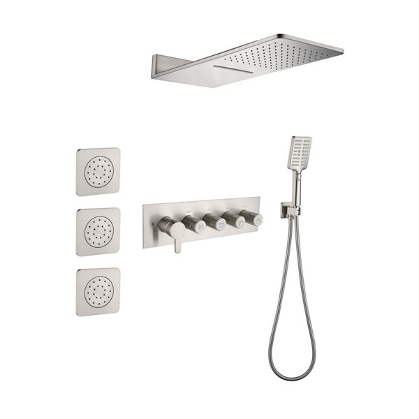 Flynama Brushed Nickel Ceiling-Mount Shower System with Rainfall and Handheld Showerheads and Body Jets