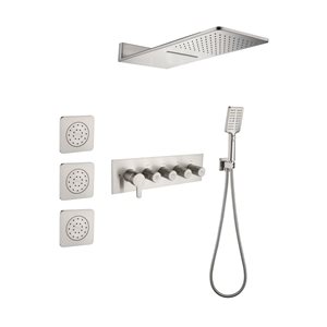 Flynama Brushed Nickel Ceiling-Mount Shower System with Rainfall and Handheld Showerheads and Body Jets