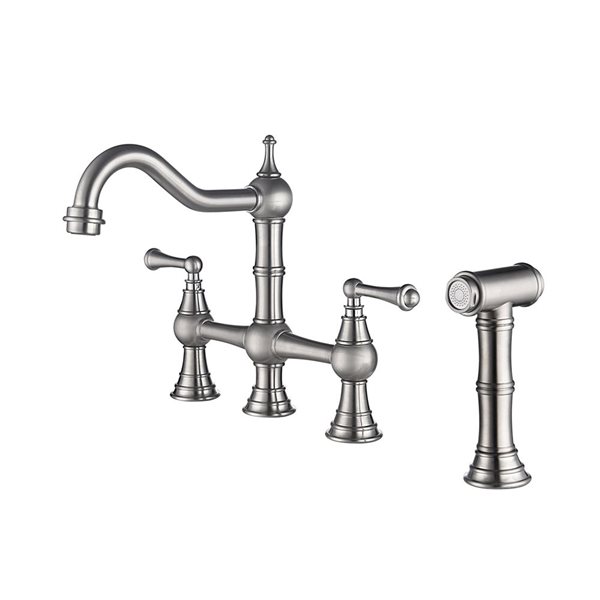 Flynama 2-Handle Brushed Nickel Bridge Deck-Mount Kitchen Sink Faucet with Side Sprayer