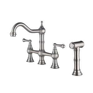 Flynama 2-Handle Brushed Nickel Bridge Deck-Mount Kitchen Sink Faucet with Side Sprayer