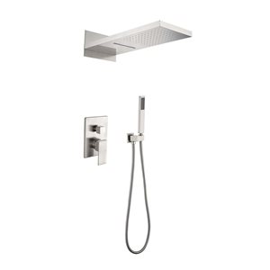 Flynama Brushed Nickel Wall-Mount Rainfall Shower System with Handheld Showerhead