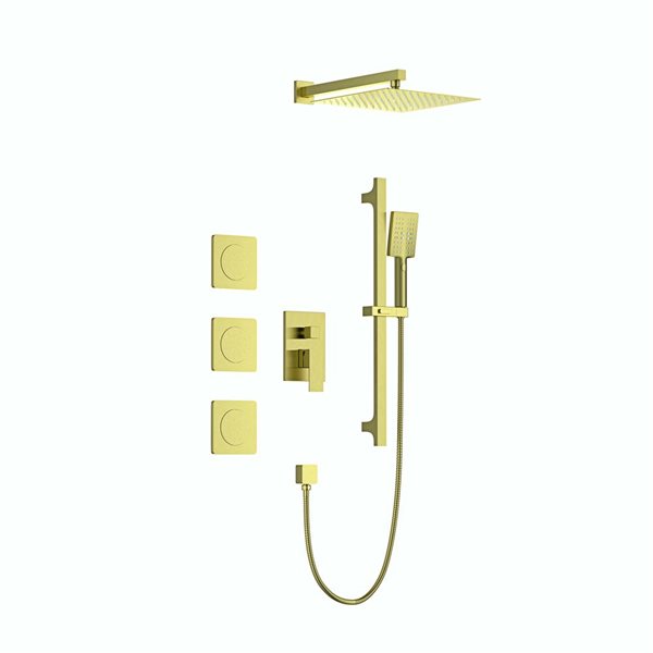 Flynama Brushed Gold Wall-Mount Shower System with Body Jets and Handheld Showerhead