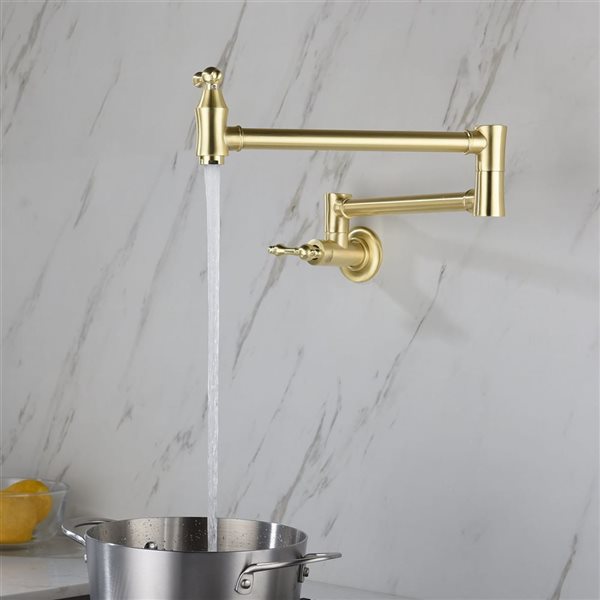 Flynama 2-Handle Brushed Gold Wall-Mount Pot Filler Kitchen Faucet