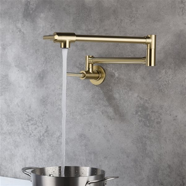 Flynama 2-Handle Brushed Gold Wall-Mount Pot Filler Kitchen Faucet with Extendable Spout