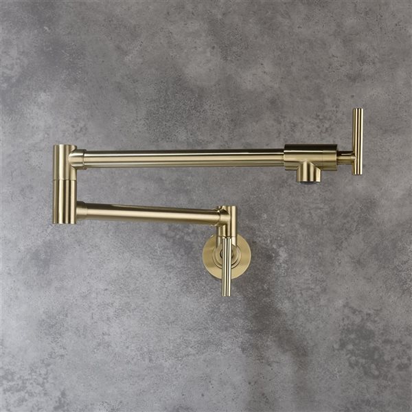 Flynama 2-Handle Brushed Gold Wall-Mount Pot Filler Kitchen Faucet with Extendable Spout