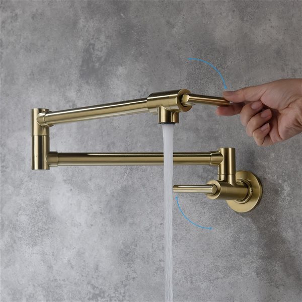 Flynama 2-Handle Brushed Gold Wall-Mount Pot Filler Kitchen Faucet with Extendable Spout