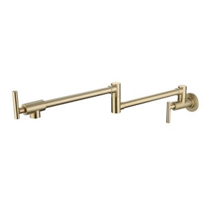 Flynama 2-Handle Brushed Gold Wall-Mount Pot Filler Kitchen Faucet with Extendable Spout