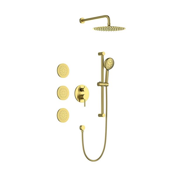 Flynama Brushed Gold Wall-Mount Shower System with 12-in and Handheld Showerheads - Body Jets