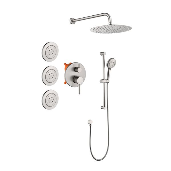 Flynama Brushed Nickel Wall-Mount Shower System with 12-in and Handheld Showerheads - Body Jets