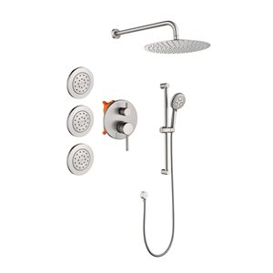 Flynama Brushed Nickel Wall-Mount Shower System with 12-in and Handheld Showerheads - Body Jets