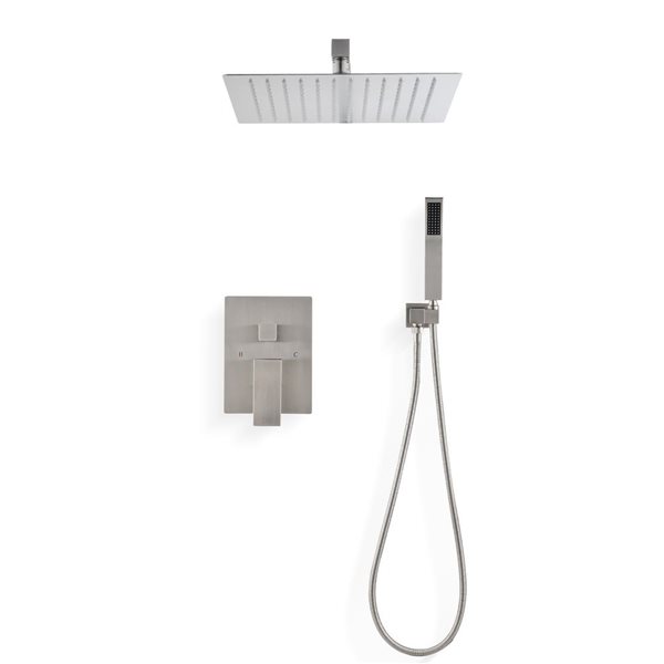 Flynama Brushed Nickel Wall-Mount Shower System with 12-in Rainfall and Handheld Showerheads