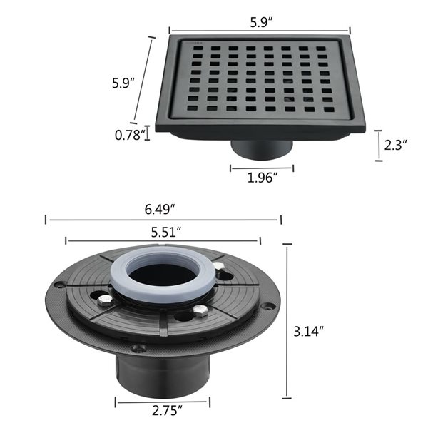 Flynama 6-in Matte Black Square Shower Floor Drain