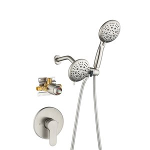 Pommeau de douche double multifonction Flynama en nickel brossé, pomme de douche à effet pluie à 3 voies avec valve brute