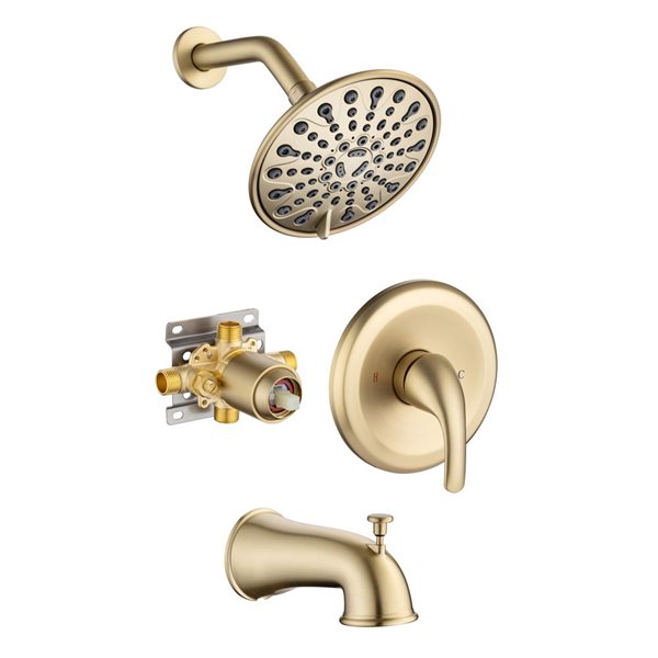 Flynama Brushed Gold Single-Handle 6-Spray Round High Pressure Shower Faucet with 6-in Shower Head