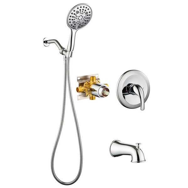 Robinet de douche haute pression rond à 6 jets et poignée simple Flynama, chrome poli, avec pomme de douche de 6 po