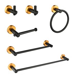 Flynama 6-Piece Gold and Matte Black Bath Hardware Set with Toilet Paper Holder, Towel Ring, Towel Hook and Towel Bar