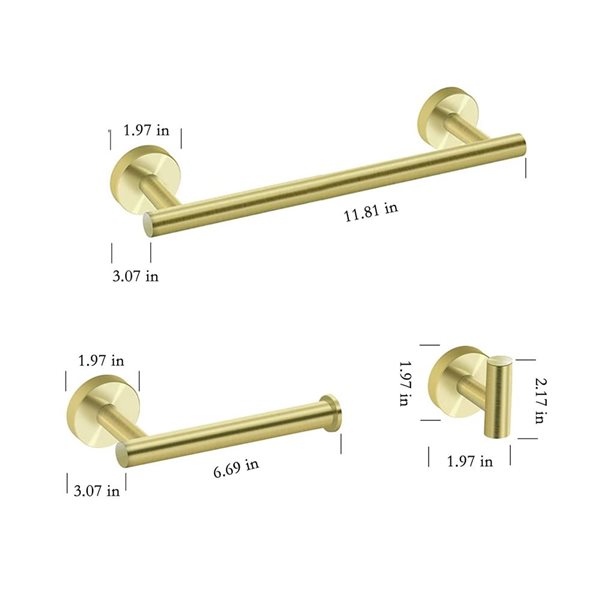 Ensemble porte-serviettes de salle de bain Flynama acier inoxydable or 3 pièces