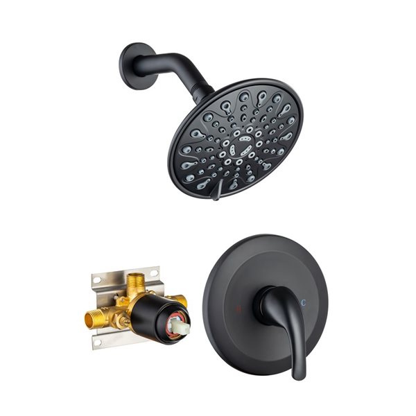 Robinet de douche haute pression rond à 6 jets Flynama, noir mat, monocommande et pomme de douche de 6 po