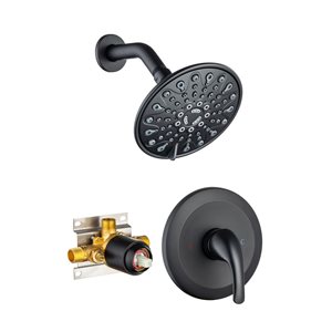 Robinet de douche haute pression rond à 6 jets Flynama, noir mat, monocommande et pomme de douche de 6 po