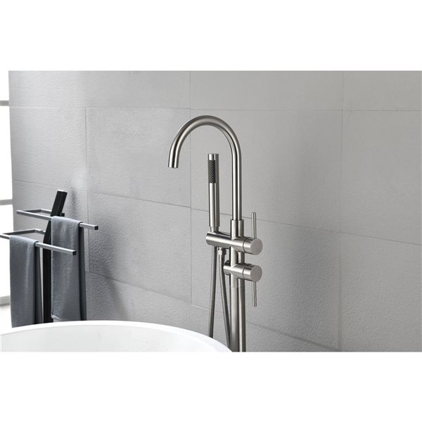 Flynama Nickel 2-Handle Freestanding Floor Mount Tub Faucet with Hand Shower