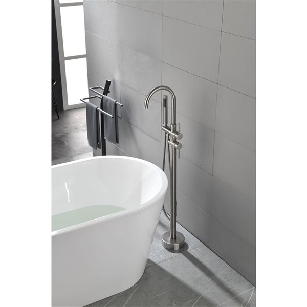 Flynama Nickel 2-Handle Freestanding Floor Mount Tub Faucet with Hand Shower