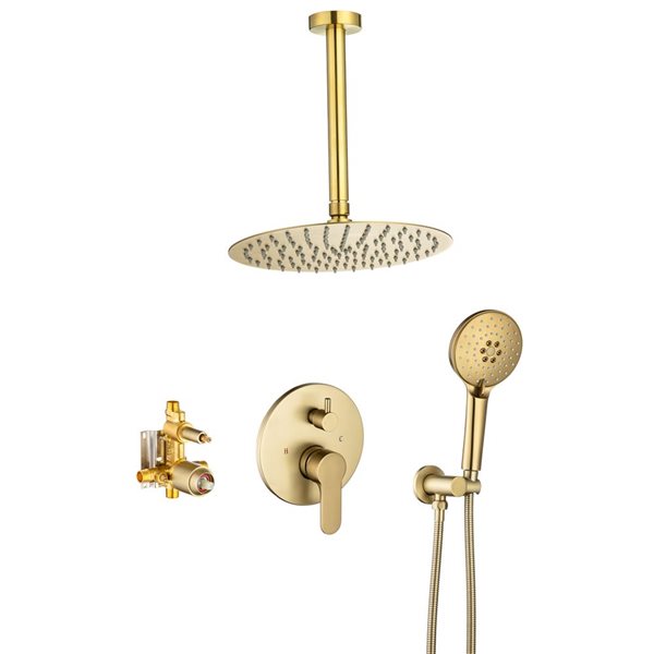 Flynama Brushed Gold 3-Spray Patterns Ceiling Mounted Dual Shower Heads Shower System