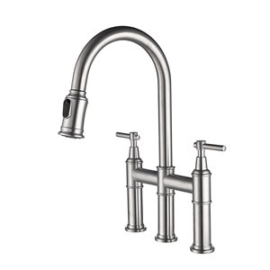 Flynama Nickel Transitional Bridge Double Handle Kitchen Sink Faucet with Pull-Down Sprayhead