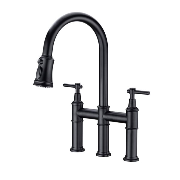 Flynama Black Transitional Bridge Double Handle Kitchen Sink Faucet with Pull-Down Sprayhead