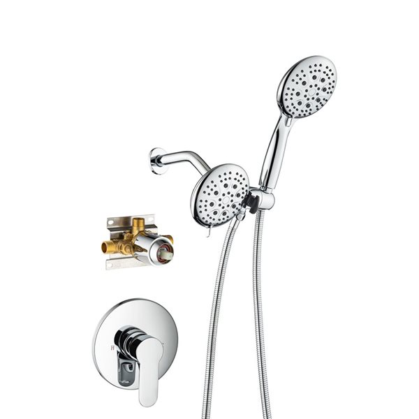 Pommeau de douche multifonction double en chrome brossé Flynama Pommeau de douche à effet pluie à 3 voies avec valve brute