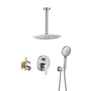 Flynama Brushed Nickel 3-Spray Patterns Ceiling Mounted Dual Shower Heads Shower System