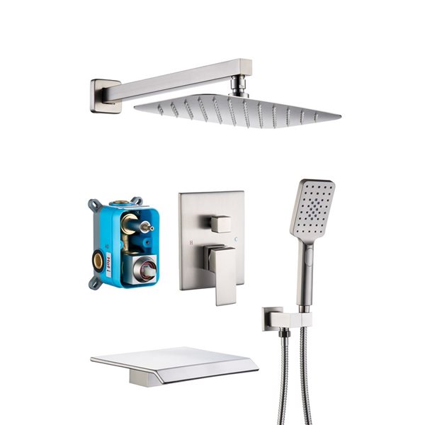 Robinet de douche à effet pluie et baignoire Flynama, 12 po, monocommande, 3 jets, nickel brossé