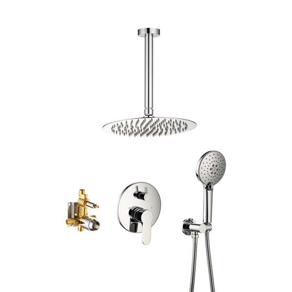 Système de douche à double pommeau de douche Flynama en chrome poli à 3 modes de pulvérisation monté au plafond