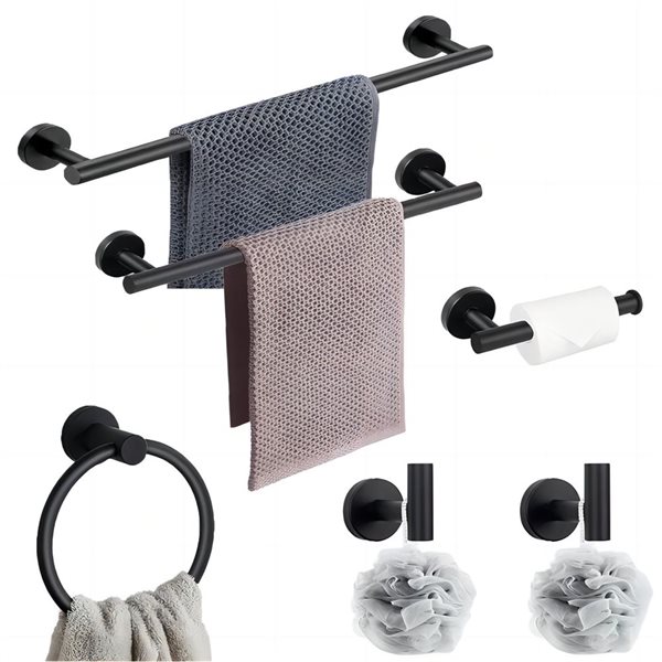 Flynama 6-Piece Matte Black Bath Hardware Set with Towel Bar, Toilet Paper Holder and Towel Hook