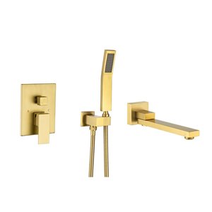 Flynama Brushed Gold Square Single-Handle Wall Mount Roman Tub Faucet with Swivel Tub Spout and Rough-In Valve