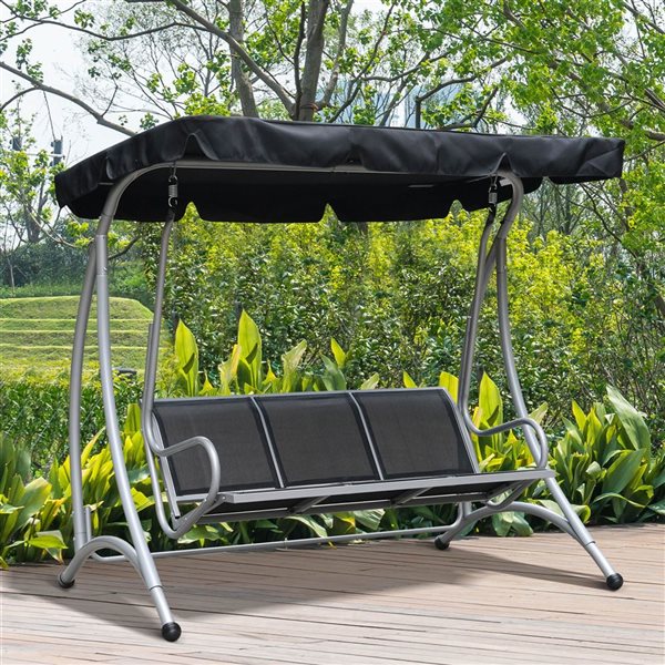 Outsunny 3-Person Black Steel Oudoor Swing with Adjustable Canopy 84A ...