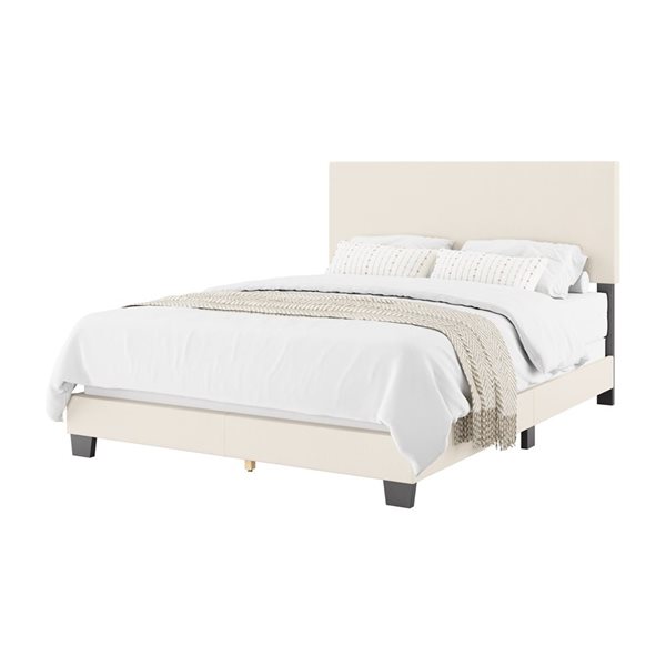 Brentwood Valley Designs Nova Upholstered Queen Size Bed Frame with Headboard in Off White Bouclé Fabric