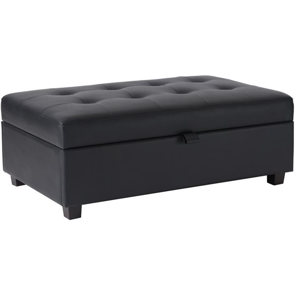 Grand ottoman Elliot Brentwood Valley Designs en faux cuir noir capitonné avec rangement, 28,75 x 46,75 po