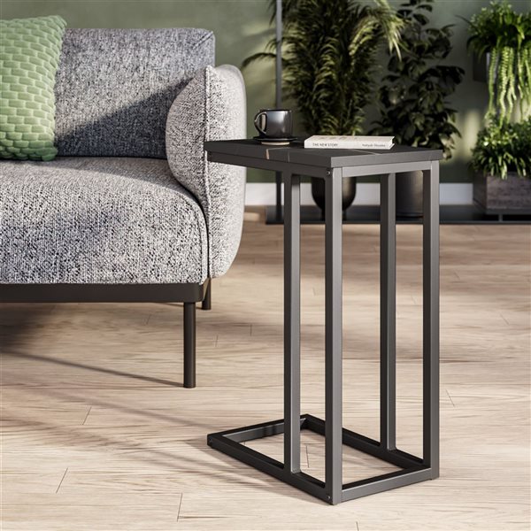 Brentwood Valley Designs Harmony C-Shaped Narrow Side Table in Black Marbled with Black Base