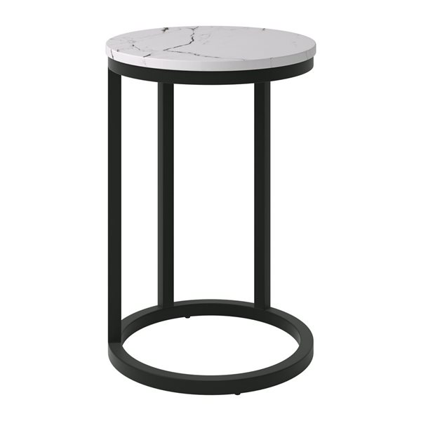 Table d'appoint ronde en forme de C Harmony Brentwood Valley Designs en blanc marbré avec base noire