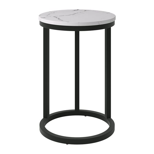 Table d'appoint ronde en forme de C Harmony Brentwood Valley Designs en blanc marbré avec base noire