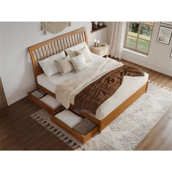 AFI Roslyn King Platform Bed with Panel Footboard and Storage Drawers - Light Toffee