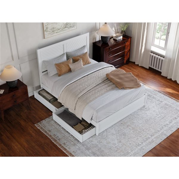 AFI Clayton Queen Platform Bed with Panel Footboard and Storage Drawers - White