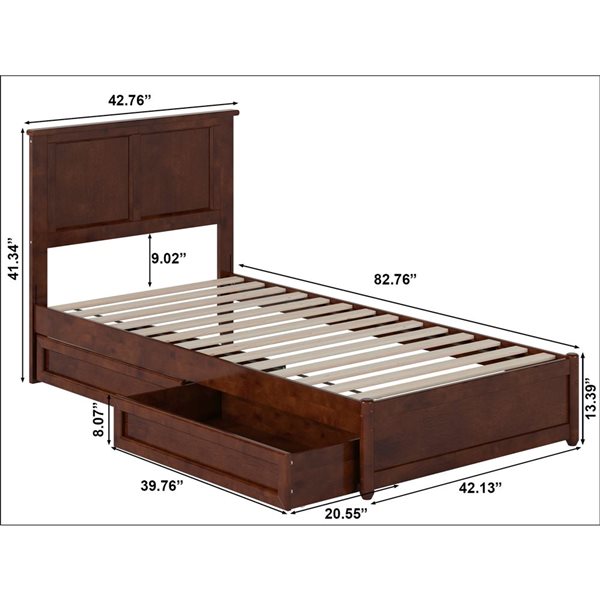 AFI Felicity Twin XL Platform Bed with Panel Footboard and Storage Drawers - Walnut